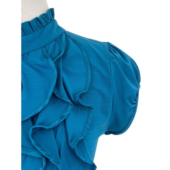 Urban Hearts Unique Teal Ruffled & Keyhole Mock Neck Short Sleeve Blouse - Picture 3 of 14